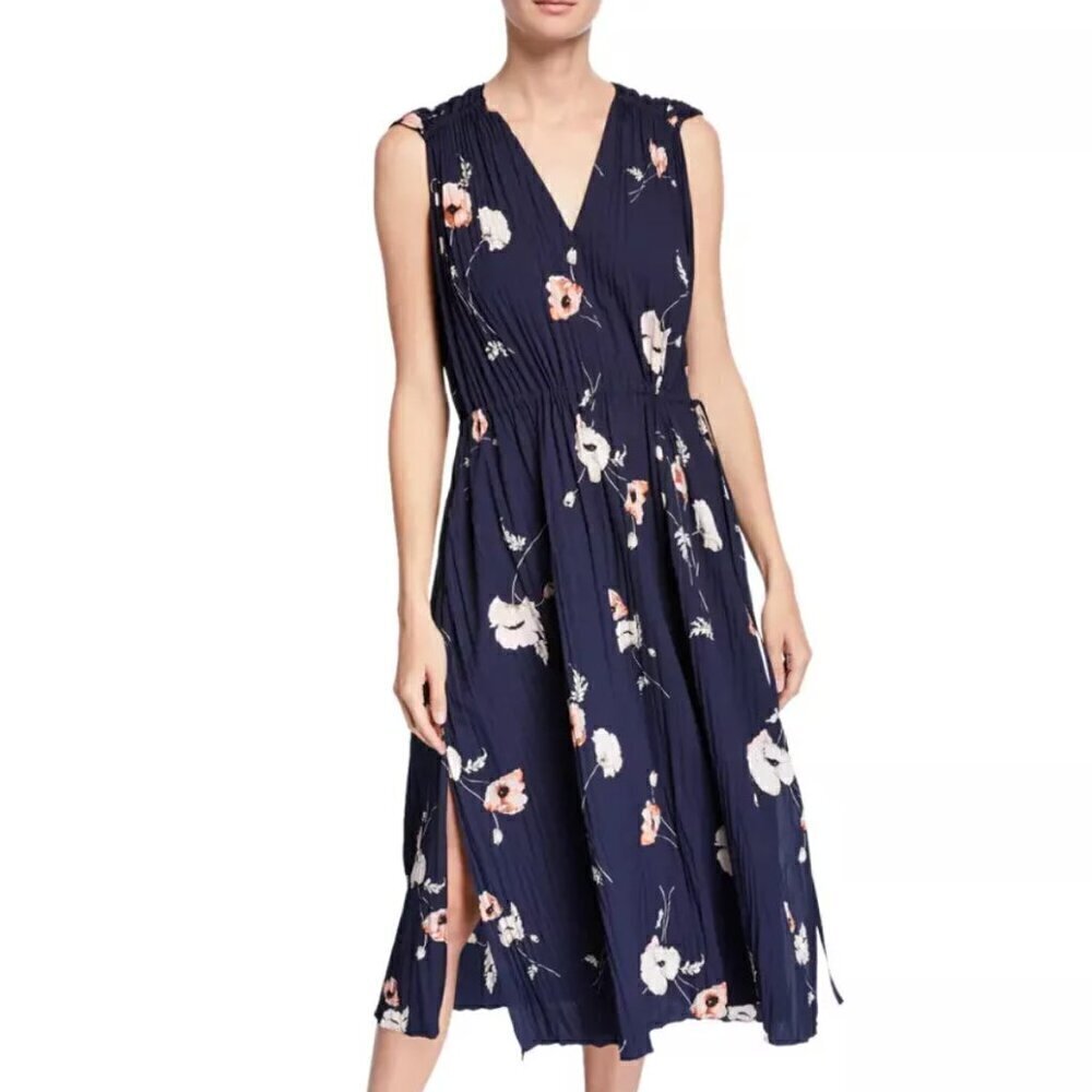 Vince Navy Tossed Poppy Printed Pleated Sleeveless V-Neck Crepe Midi Dress XS